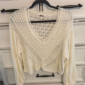 Free People Cream Textured V-Neck Sweater